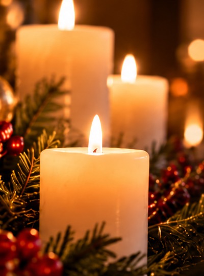 Lit pillar candles among evergreen and red berries