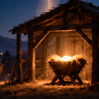A glowing manger in a wooden stable under the night sky
