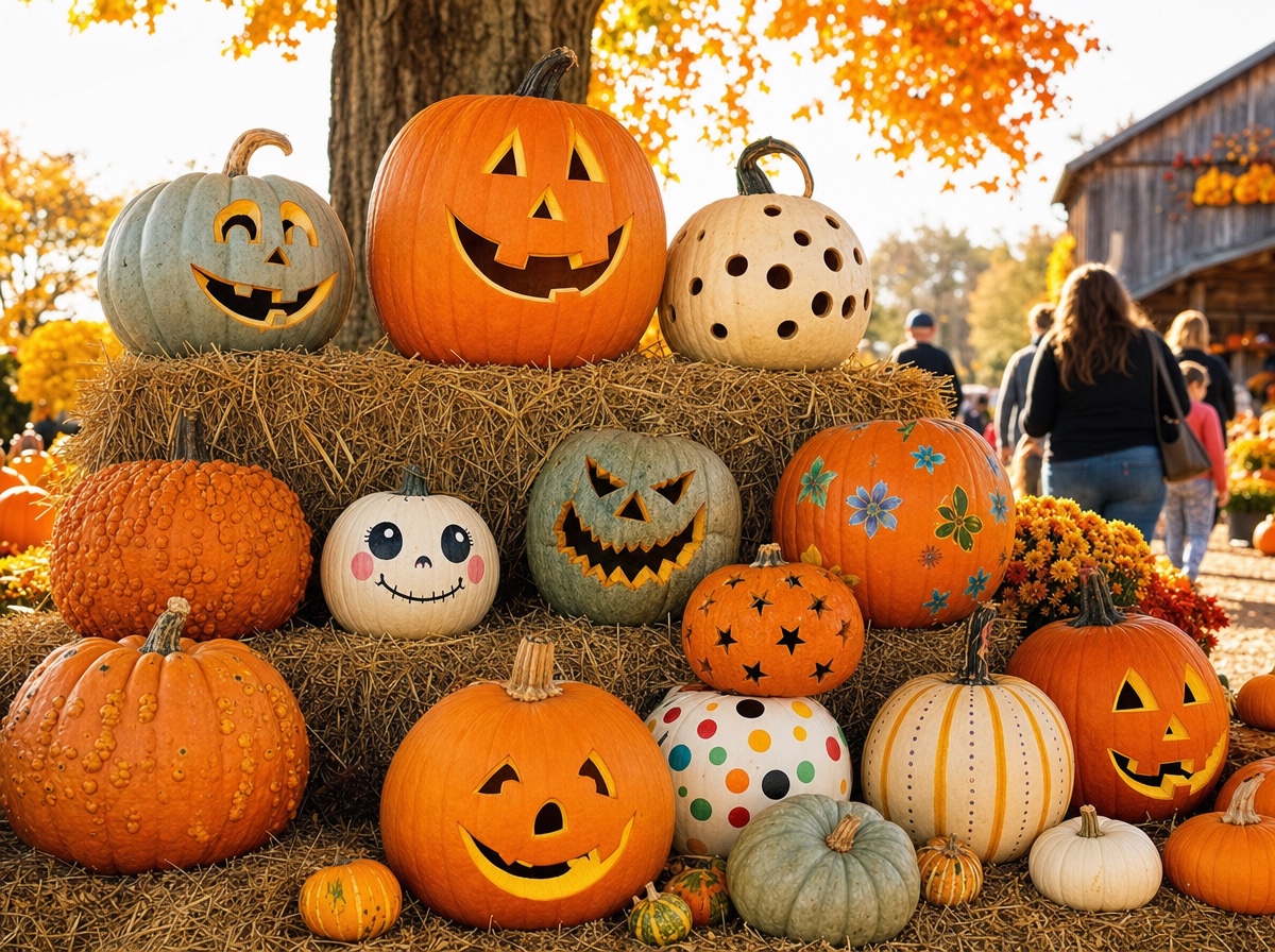 Carved jack-o-lanterns on hay bales