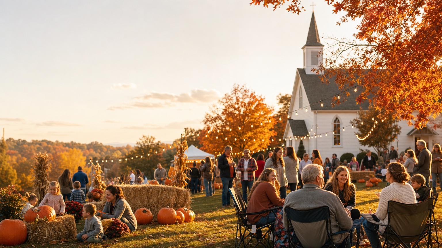 Families enjoying a warm autumn church fall festival